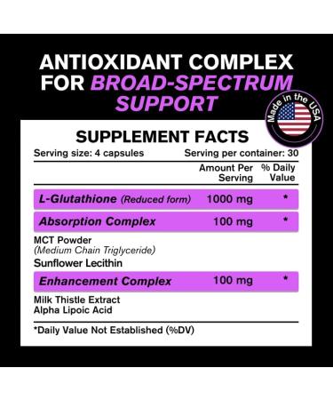 1000mg Glutathione Immune Support Supplement with 100mg Absorption Complex | Pure L Glutathione w/ Alpha Lipoic Acid for Brain Boost & Glowing Skin - Buy Online on GoSupps.com