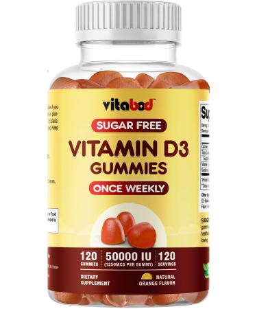 Vitabod Sugar Free Vitamin D3 50 000 IU Weekly Supplement - 120 Vegetable Vitamin D Gummies for Bones Teeth and Immune Support - Easy Chew Pure Vitamin D3 50000 IU- Non GMO Pills