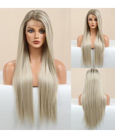 EALGA Ombre Brown Silver Blonde Lace Front Wigs for Women, Synthetic Hair Platinum Blonde Lace Front Wig, Side Part Long Straight Wig, Straight Wig 24 inch EALGA-087 #087