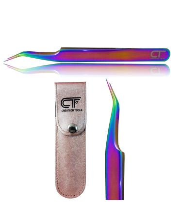 CT Eyelash Tweezers Lash Tweezers for Extensions Straight Curved Individual Russian Volume Isolation Stainless Steel Rainbow Set (Long Tip)