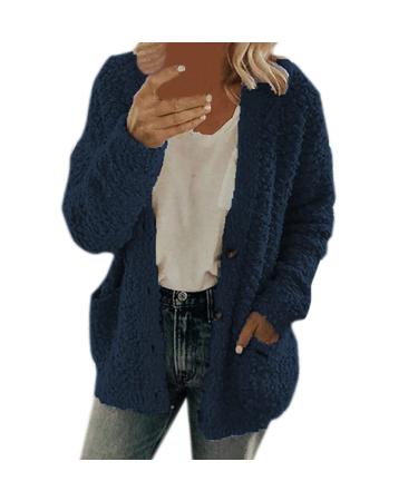 Hanxiulin plush jacket oversize warm lined fleecemantel women cardigan on both sides transition jacket breathable light outdoor winter coat down jacket winter warm trench coat dark blue