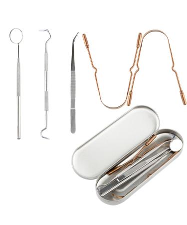 Copper Tongue Scraper Set for Adults - For Superior Oral Care - 2 Pieces Copper Tongue Scraper with 3 Stainless Steel Dental Cleaning Tools