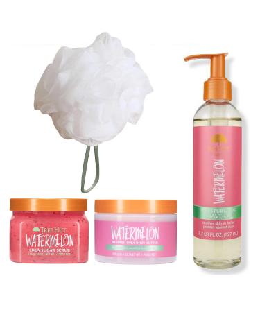 T H Tree Hut Watermelon Body Care Set! Includes Scrub Shave Oil Butter and Loofah! Formulated With Real Sugar Certified Shea Watermelon! Hydrating Exfoliating Scrub! (Watermelon)