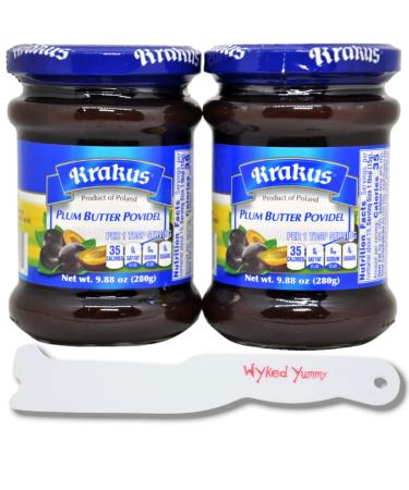 Wyked Yummy Fruit Butter Bundle with (2) 9.88 oz (280g) Jars of Krakus Plum Butter Povidel and (1) Spreader Plastic Knife and Jar Scraper