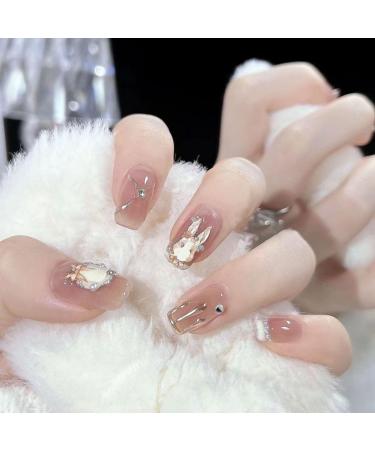 Handmade nail art wearing fake nail patches rabbit nail art detachable pink (Size : S)