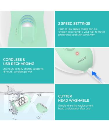 VOGOE 4-in-1 Rechargeable Epilator for Women - Cordless Hair Removal with 2 Speeds and 21 Tweezers - Ideal for Face, Legs, Arms, Armpit, and Bikini Area - Green - Buy Online on GoSupps.com