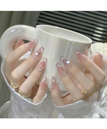 French Tip Press on Nails - Long Press On Nails with Nail Tips Silver Glitter Rhinestones Butterfly Design Powder blusher Cat Eye press on nails Acrylic False Nails Cute Artificial Nails