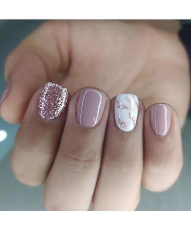 24 Pcs Press on Nails Short Lotus Root Pink Color Fake Nails Square with Glitter Designs Marble Pattern False Nails Glossy Acrylic Nails for Women Reusable Glue on Nails