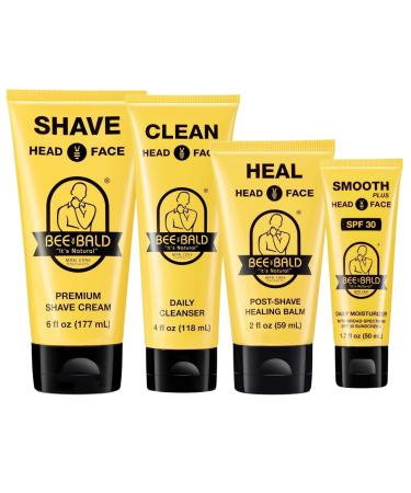 Bee Bald 4-Pack with SMOOTH PLUS Daily Moisturizer with SPF 30 SHAVE Premium Shave Cream HEAL Post-Shave Healing Balm and CLEAN Hydrating Facial Cleanser