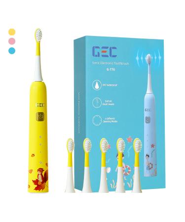 GEC Products Kids Sonic Rechargeable Electric Toothbrush Soft Head for Protact Children's Electric Toothbrushes 6 Modes 44000 Vibrations Per Minute Ipx7 Waterproof 2-Min Timer for Age 4+ Yellow