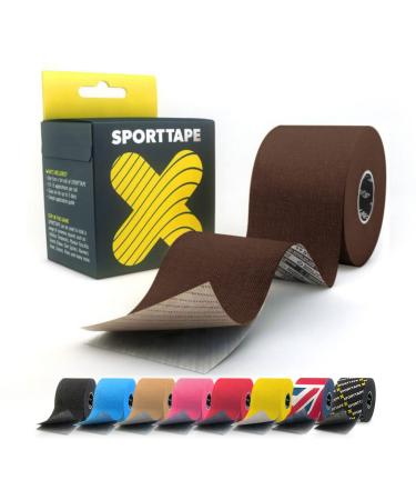 SPORTTAPE Extra Sticky Kinesiology Tape 5cm x 5m - Dark Brown | Hypoallergenic Waterproof K Tape | Physio Medical Sports Tape for Muscle Injury Support | Uncut - Single Roll