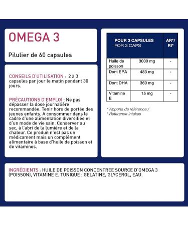 Omega 3 Fish Oil 3000 mg + Vitamin E Highly Dosed in EPA DHA Concentration Memory Cardioprotective Odorless 60 days Program French Laboratory Eric Favre - Buy Online on GoSupps.com