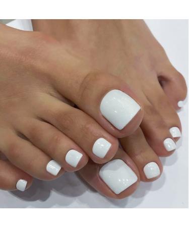 White Press on Toenails Square Fake Toenails Gloss Glue on Toenails Full Cover Solid Color Acrylic Toenails Cute Short False Toenails Summer Beach Artificial Toenails for Women and Girls 24Pcs style8