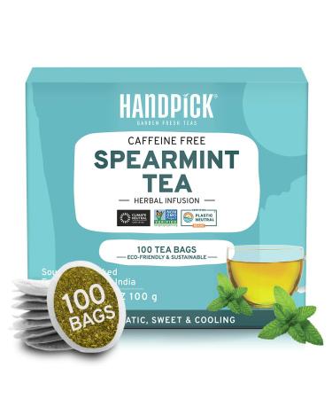 HANDPICK, Spearmint Tea Bags (100 Count) Non-GMO, Caffeine Free, 100% Pure Spearmint Leaf Tea Bags | Raw from India, Round Eco-Conscious Tea Bags Spearmint Tea 100 Count (Pack of 1)