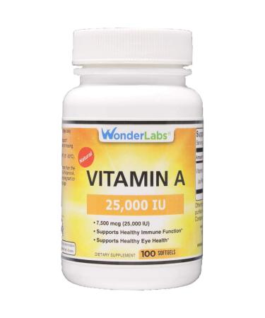 Wonder Laboratories Natural Vitamin-A Oil 25000 IU as Retinyl Palmitate from Cod Fish Liver Oil 100 Softgels