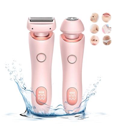 Razor for Women Portable Electric Hair Removal Waterproof 2 in 1 Electric Shaver Razors for Women Cordless Bikini Trimmer Hair Removal for Women with Detachable Heads (Pink)