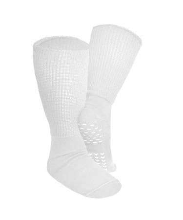 Extra Wide Socks with Non-Slip Grips 2-Pairs for Swollen Feet and Legs. Calf Length for Men and Women. Ideal for Edema Lymphedema Bariatric Diabetic Relief. (White) Non-Slip Grip White