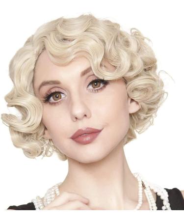 Kaneles Short Blonde Curly Wig Finger Wave Synthetic Hair for Women 1920s Halloween Cosplay Costume Party Come with Wig Cap