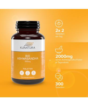 Kunatura Bio Ashwagandha 500mg - 300 Tablets - High-Dosed Indian Sleep Berry - 100% Pure - 2000mg Daily Dose - Laboratory Tested - International Shipping - Buy Online on GoSupps.com