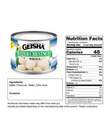 GEISHA Water Chestnuts Whole 8OZ (Pack of 12) | Kosher Certified, Gluten-Free, No Salt & Sugar | Less than 100 Calories - Buy Online on GoSupps.com