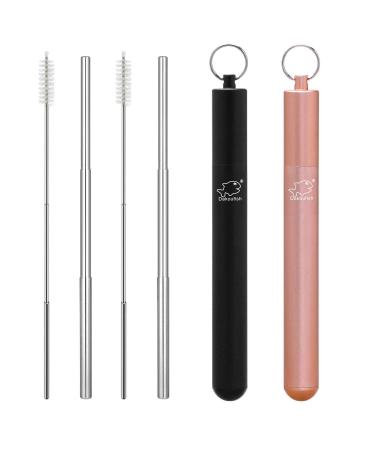Dakoufish 2 Pack 10.5 Inch Reusable Metal Straws Collapsible Stainless Steel Drinking Straw Portable Telescopic Travel Straw with Case & Cleaning Brush(10.5inch Black+Rose Gold) Black+rose Gold 10.5inch