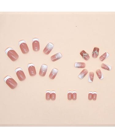 French Tip Press on Nails Short Square Fake Nails Pink Full Cover False Nails with Glitter Designs Rhinestones Acrylic Nails White Tip Gradient Artificial Nails Nail Decorations for Women Girls SquareNails2 - Buy Online on GoSupps.com