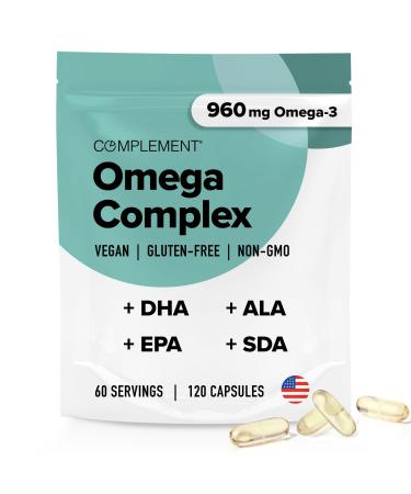 Complement Vegan Omega 3 Supplement- 960mg Omega-3 Fatty Acids DHA EPA SDA ALA Supplement - Immune Support- 60 Servings 120 Liquid Capsules 60 Servings (Pack if 1)