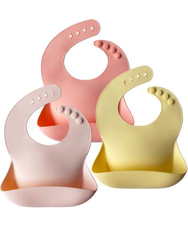 Moonkie Baby Bibs 3Pcs Silicone Feeding Bibs for Babies and Toddlers Waterproof weaning bib BPA Free Soft Adjustable Wide Food Crumb Catcher Pocket(Pink/Pastel Yellow/Soft Pink)