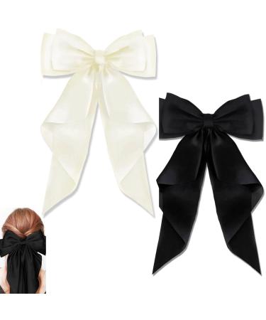 BAIYSFFG Big Bow Hair Clips with Long Silky Satin 2PCS Solid Color French Barrette Simple Hair Fastener Accessories for Women Girls Black White