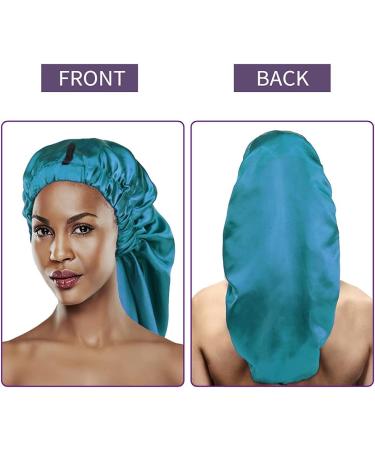 2PCS Satin Hair Braid Bonnet for Black Women | Single Layer Sleep Cap with Button | Black + Teal - Buy Online on GoSupps.com