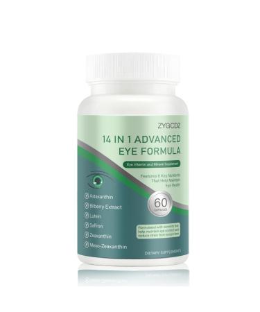 14-in-1 Advanced Eye Vitamin Supplement with Lutein Zeaxanthin Bilberry Extract & Zinc for Adults - Supports Vision Macula & Blue Light Protection - 60 Capsules (01)