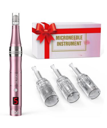 PELCAS Electric Cordless Microneedling Pen With 3Pcs Replacement Cartridges Adjustable 0.25mm Microneedle Dermapen Easy to Use at Home(Pink)