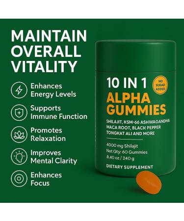 10-in-1 True Alpha Shilajit Gummies 4000mg Himalayan Alpha Gummies for Men Energy Boost Immune Support with Ashwagandha Maca Root Tongkat Ali Fulvic Acid 85+Trace Mineral No Added Sugar 60ct - Buy Online on GoSupps.com