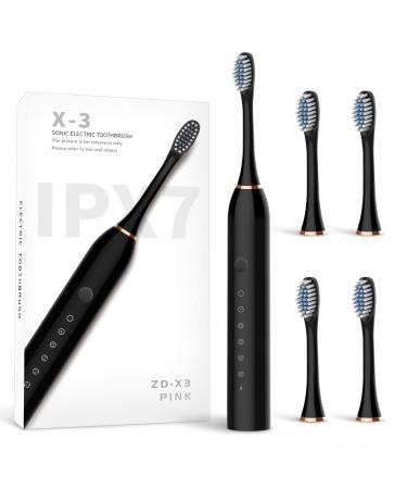 Qhecomce Sonic Electric Toothbrushes USB Rechargeable Ultrasonic Tooth Brush with 4 Brush Heads 6 Cleaning Modes and Smart Timer IPX7 Waterproof Cleaning Toothbrushes for Adults (Black)