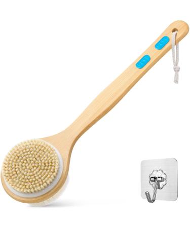 Shower Brush with Soft and Stiff Natural Bristles, Gelibo Back Scrubber for Shower with Long Wooden Handle, Double Sided Body Brush for Wet or Dry Brushing Exfoliating Body Scrubber