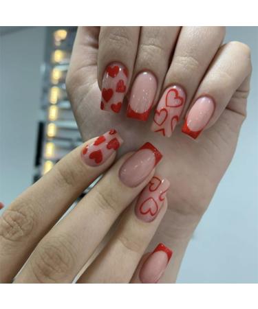 24pcs French False Nails Short - Valentine's Day Square Press on Nails - Full Cover Acrylic False Nails With Glue - French Fake Nails Stick on Nails for Women and Girls Nail Art (Red Love Style)