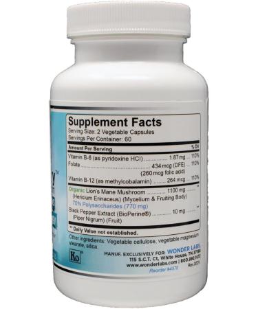 Wonder Laboratories Lions Mane Mushroom 1100mg Mycelium & Fruting Body - Nutritionally Supports Memory and Brain Function Plus Essential B-Complex for Energy - 120 Capsules - Buy Online on GoSupps.com