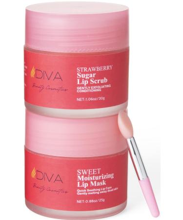 DIVA's Sweet Dream Strawberry Sugar Lip Scrub and Sweet Moisturizing Lip Mask With a Lip Brush  2 in 1 Organic Lip Care Moisturizer  Exfoliating Fruit Vegan  Repairs  Rejuvenates and Nourishes Cracked Lips  Chapped Lips ...