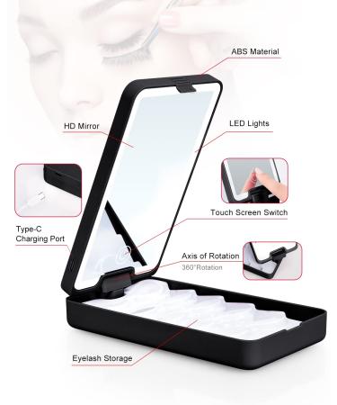 Buqikma Rechargeable Lighted Makeup Mirror Eyelash Case Organizer - Dimmable, 360 Rotation False Eyelash Storage Box (Black) - Buy Online on GoSupps.com