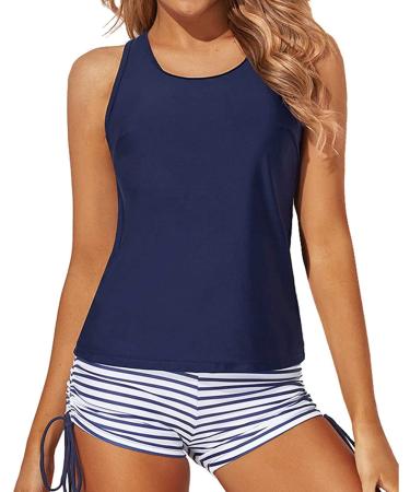 Yonique 3 Piece Tankini Swimsuits for Women Swim Tank Top Bathing Suits with Boy Shorts and Bra Athletic Swimwear Blue/White Large