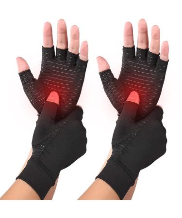 Lonsiton 2 Pairs Copper Arthritis Compression Gloves, Relieve Hand Swelling, Arthritis Rheumatoid, Carpal Tunnel Pain, Compression Gloves for Arthritis for Men & Women, Fingerless Gloves for Work(L) Large