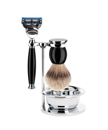 M hle Razor set with bowl - Sophist series 4 TLG. - Silberspitz Dachsupf - with Gillette -Bladen - Edel resin black 1.00 black synthetic resin.