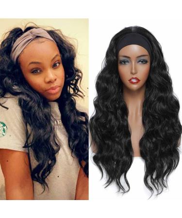 Glueless Headband Wig Loose Body Wave Synthetic Hair Extensions Wigs For Women None Lace Front Wig With Headwraps150% Density 26 inch Long Hair Band Wig Long Black Color Wig (1B)