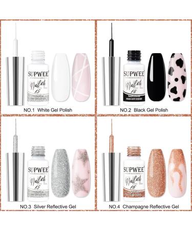 SUPWEE Gel Liner Polish Set - White Black Silver Champagne Reflective Colors for Nail Art Design - 7ML (0.24 fl oz) - SZHXJ127 - Buy Online on GoSupps.com