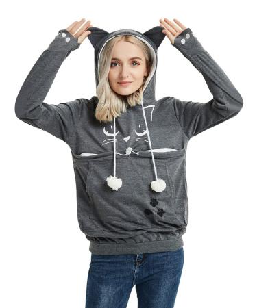 Dresswel women hooded sweater sweater with dog bag cats dog bag bag hoodie cat sweatshirt sweater with hooded cat sweater bag long arm autumn winter xxl x-dark gray