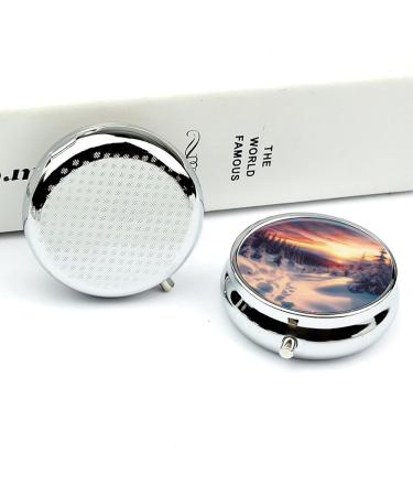 Round Pill Box - Winter Snow Sunset Landscape Print | 3 Compartment Decorative Metal Organizer | Portable Pocket Pill Case - Buy Online on GoSupps.com