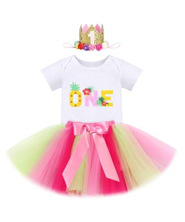 FYMNSI Baby Girl 1st Birthday Outfit Flower Printed Cotton Short Sleeve Romper Tutu Tulle Skirt Crown Headband 3pcs Set 1 Year Yellow + Pink