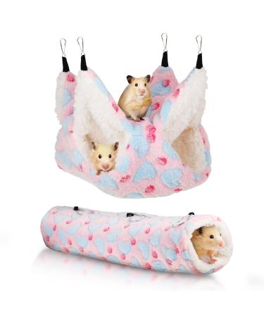 2 Pieces Small Pet Cage Hammock Hanging Tunnel Mats Set Small Animals Bed Hanging Cage Guinea Hammock Cage Nap Sack for Hamster Ferret Rat Guinea Pig Toys Sleeper Cage Hideout Accessories (Pink)