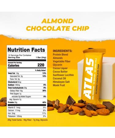Atlas Real Food Protein Bar 20g Clean Protein 1g Sugar No Seed Oils No Artificial Sweeteners (Almond Chocolate Chip 12 Count) Almond Chocolate Chip 12 Count (Pack of 1) - Buy Online on GoSupps.com