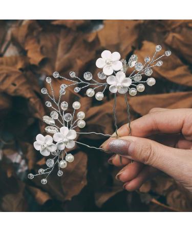 Edary Bridal Jewelry Silver Flower Pearl Hair Accessory Hair Pins for Women Girls 2pcs